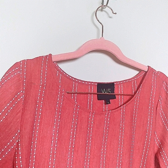 Anthropologie W5 Coral and White Dot Stripe Quarter Sleeve Babydoll Blouse Large - Picture 7 of 7